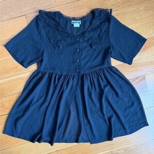VINTAGE 80s Contempo Casuals Black Lace-Collar SheerMini Dress with Button Front
